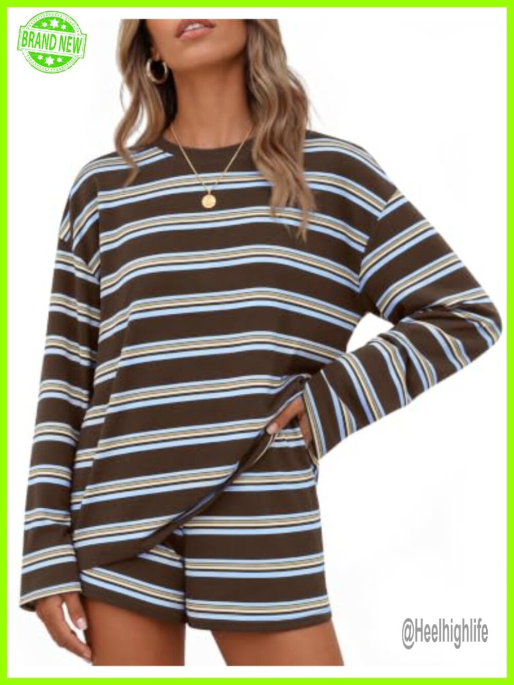 Two Piece Striped Lounge Set Oversized Long Sleeve Top & Shorts